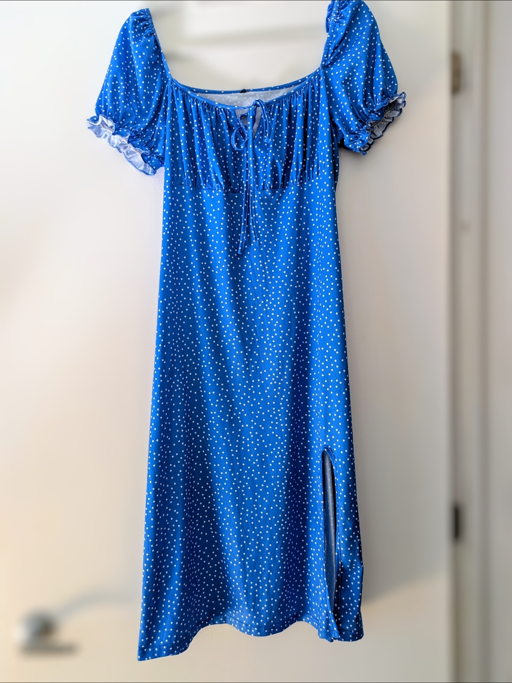 3/$20 Bundle Deal: Blue Polka Dot Women’s Dress with Puff Sleeves, Size M